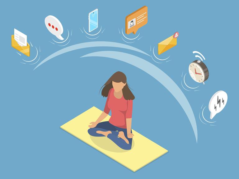 Illustration: Eine Frau sitzt im Schneidersitz auf einer Yoga-Matte und um sie herum sind kreisförmig digitale Geräte 