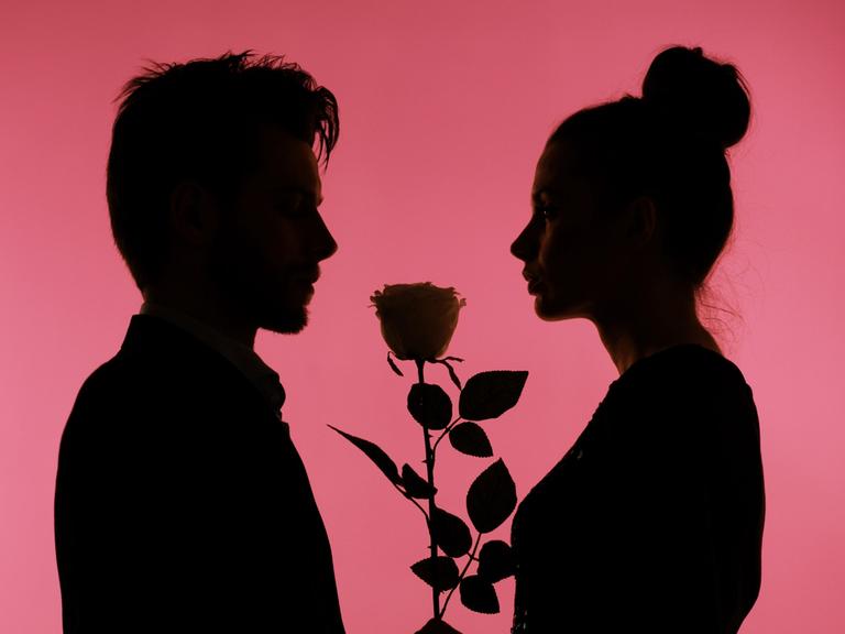 Silhouette eines Mannes und einer Frau, die sich gegenüberstehen, zwischen ihnen ist eine Rose
