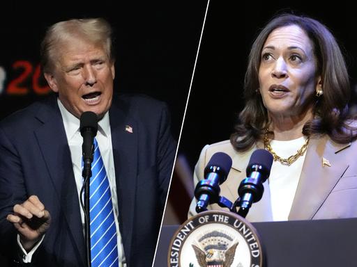 Collage aus Porträts von Donald Trump und Kamala Harris, die beide auf Podien sprechen.