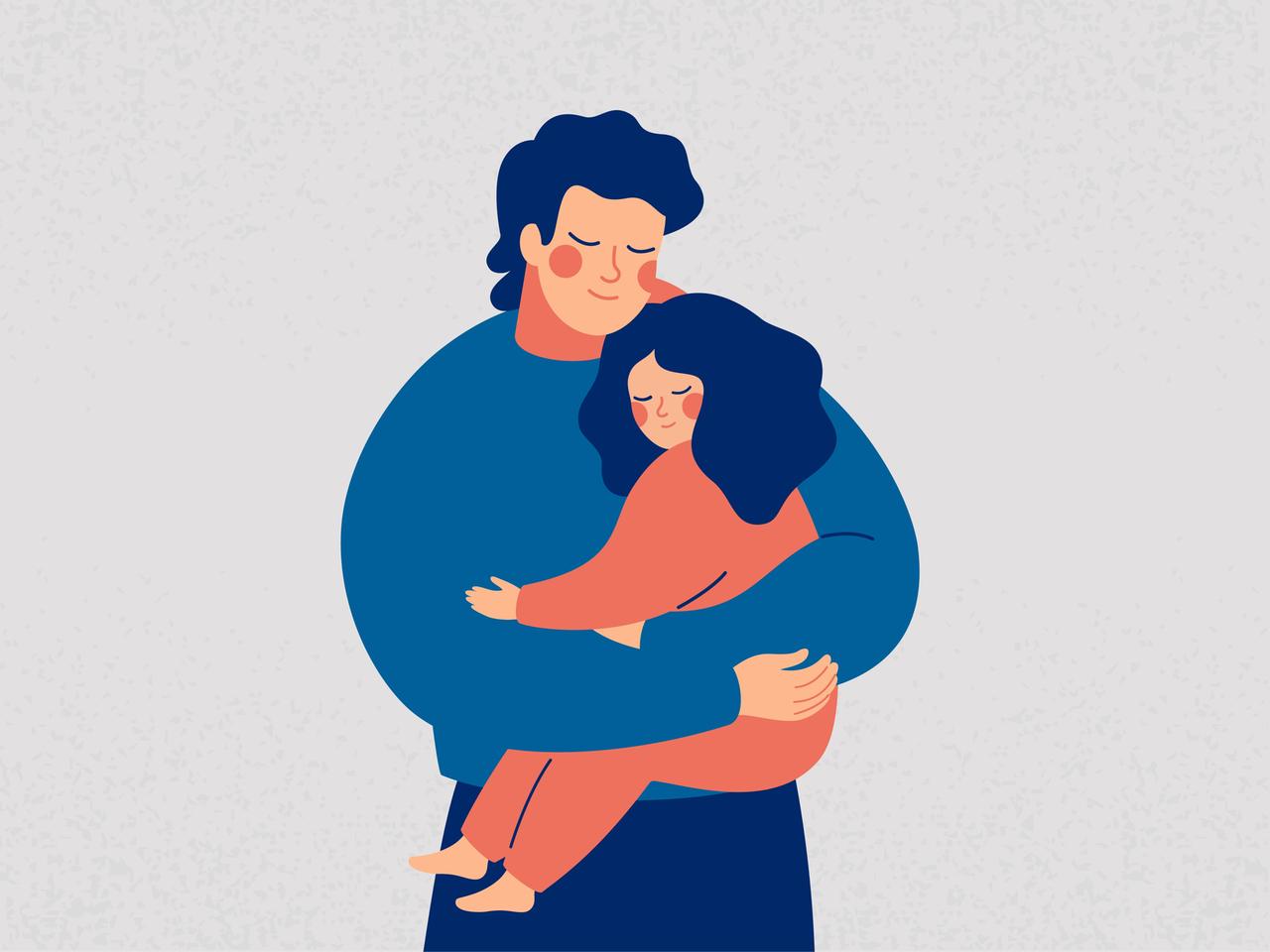 Illustration eines Mannes, der liebevoll ein Mädchen auf dem Arm trägt