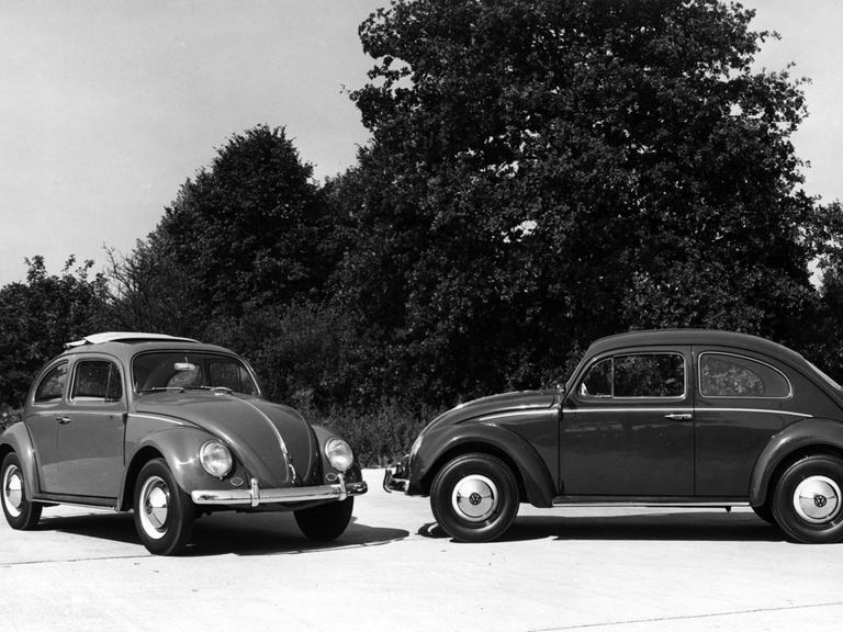 Schwarzweißes Archivfoto zweier VW Käfers Export-Modelle auf einem Weg. Im Hintergrund sind Bäume sichtbar.