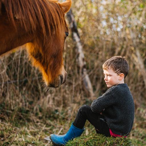 Ein Junge sitzt still schräg vor einem Pferd.