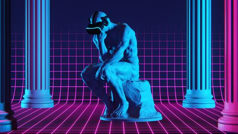 Illustration bzw. 3D-Rendering: Die bekannte Denker-Statue von Rodin trägt ein virtuelles Headset in einer digital anmutenden Umgebung. 