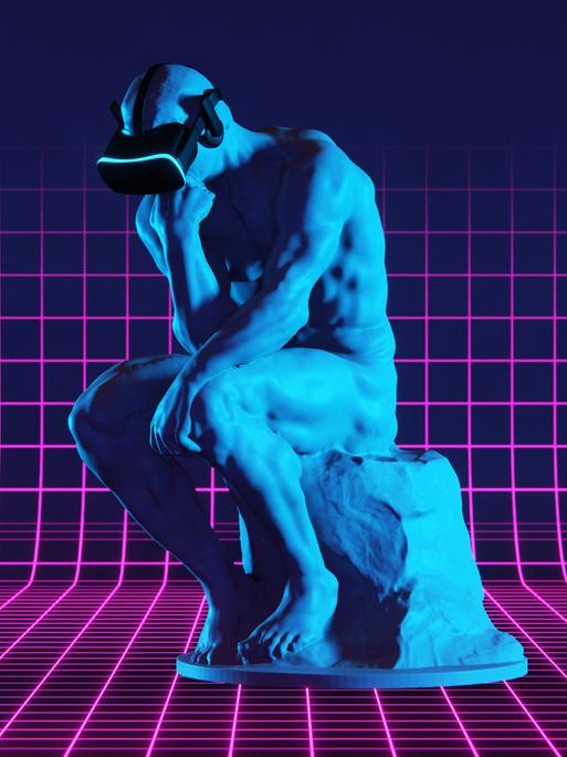 Illustration bzw. 3D-Rendering: Die bekannte Denker-Statue von Rodin trägt ein virtuelles Headset in einer digital anmutenden Umgebung. 