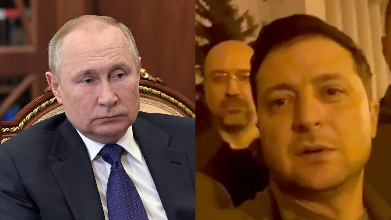 Collage aus zwei Bildern nebeneinandergestellt. Links Wladimir Putin im opulenten Sessel auf einem Foto vom 1.3.2022 im Kreml. Rechts gegenübergestellt ein Screenshot aus einer Videobotschaft von Wolodimir Selenski.