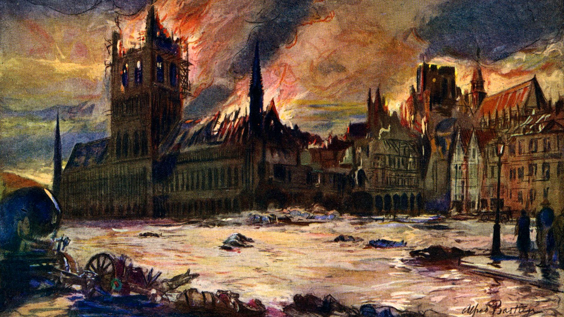 Die zerstörte und brennende belgische Stadt Ypern auf einem Gemälde von A. Bastien aus dem Jahr 1915, nach einem deutschen Angriff im ersten Weltkrieg. 