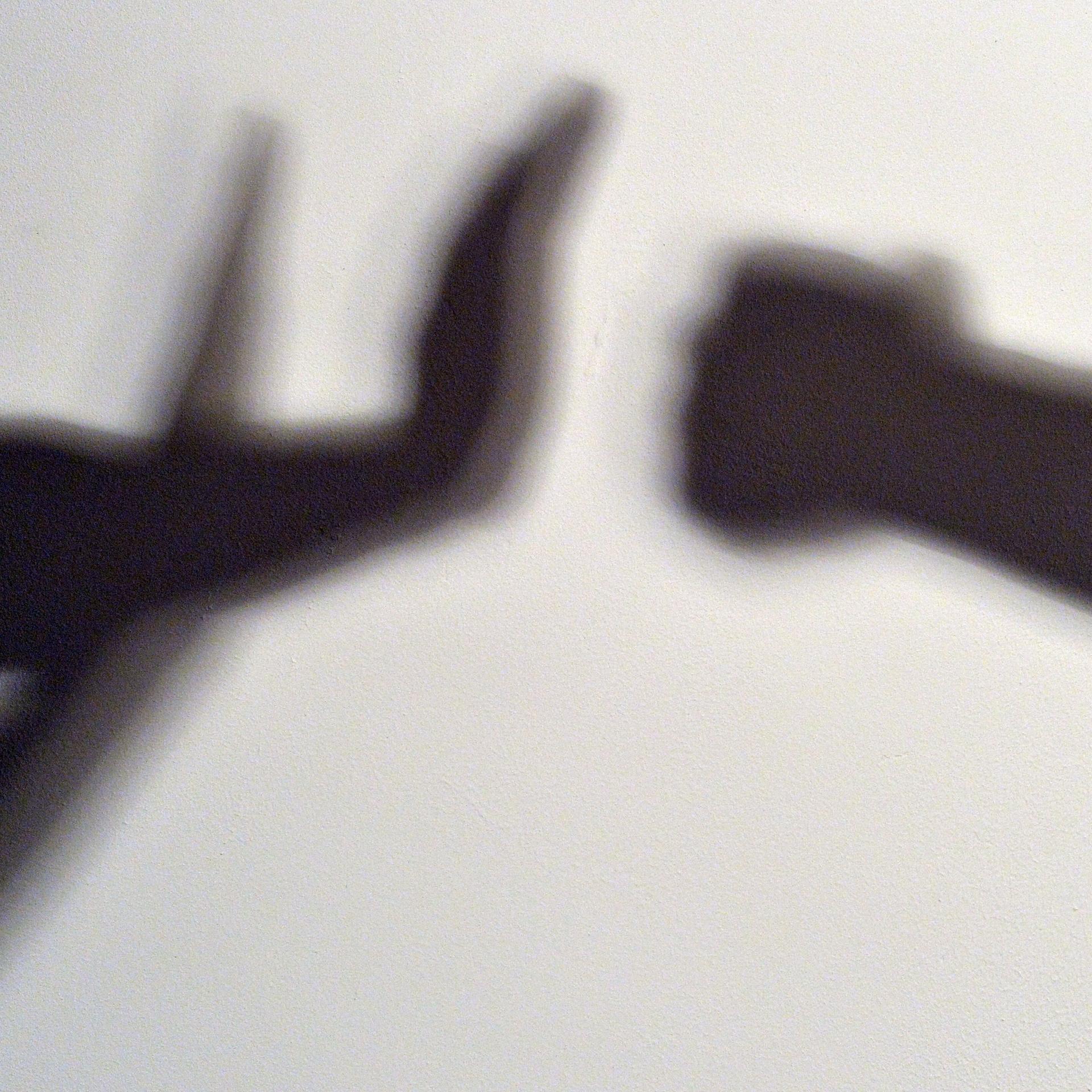 Gestelltes Bild zum Thema häusliche Gewalt - Schatten symbolisieren, wie eine Person sich vor der Gewalt einer anderen schützt.