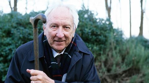 Porträt des schwedischen Autors und Poeten Tomas Tranströmer. Er trägt einen blauen Mantel, ein weisses Hemd, einen karierten Schaal und hält mit der linken Hand seinen Gehstock hoch.