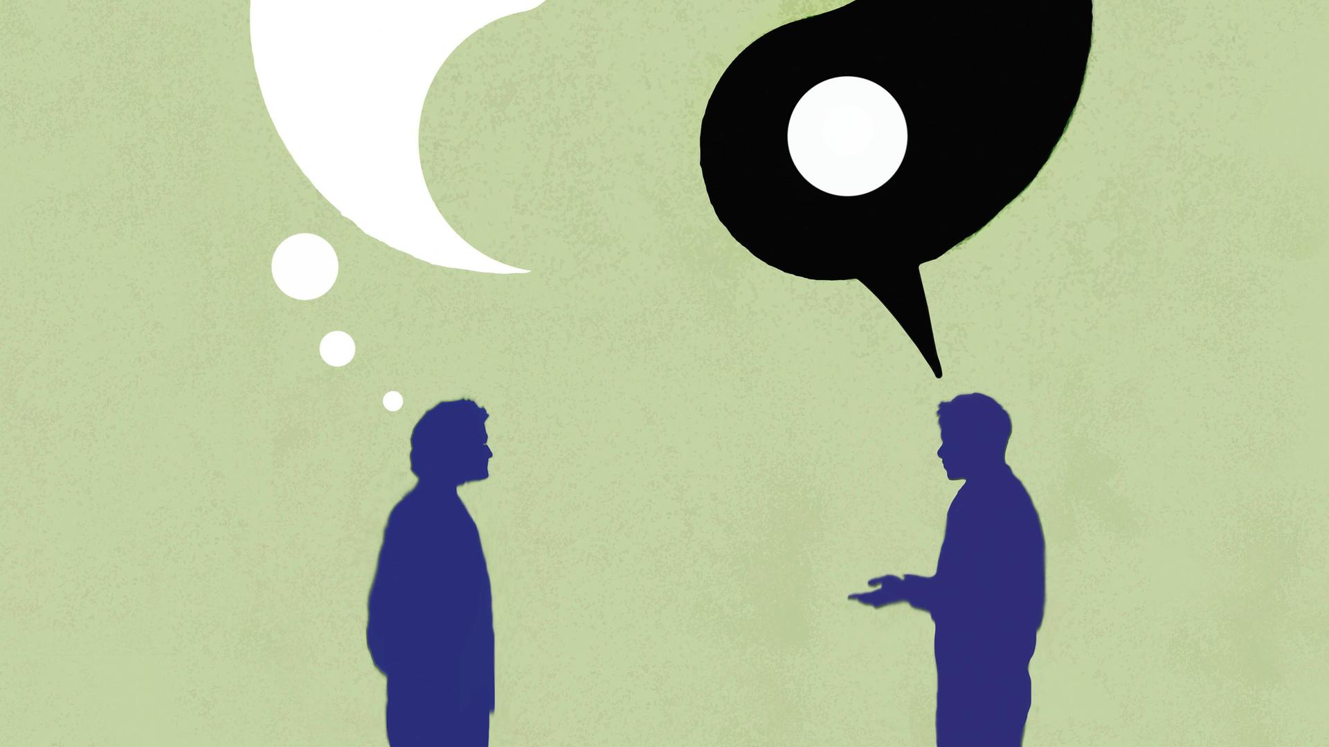Illustration zweier Männer im Gespräch mit Yin- und Yang-Sprech- und Gedankenblasen Illustration zweier Männer im Gespräch mit Yin- und Yang-Sprech- und Gedankenblasen