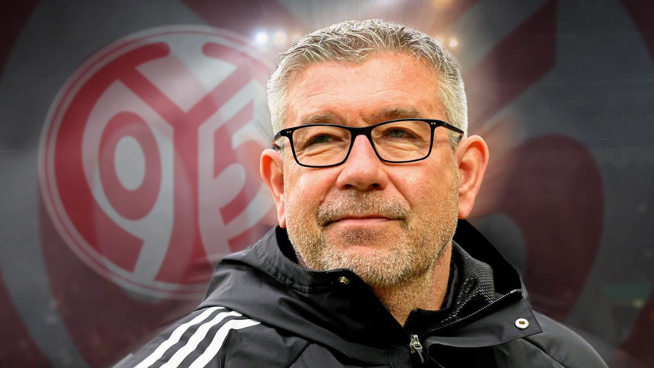 Eine Fotomontage zeigt Urs Fischer vor dem Logo des FSV Mainz 05