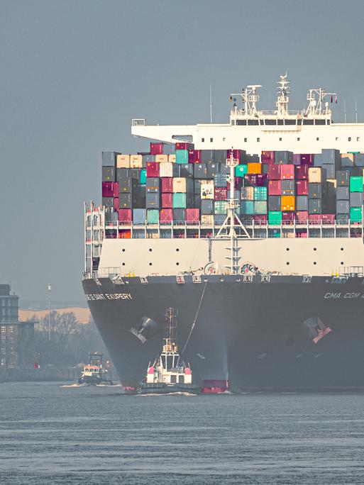 Das Containerschiff CMA CGM Antoine de Saint Exupery der französischen Reederei CMA CGM läuft bei leichtem Morgennebel in den Hamburger Hafen ein.