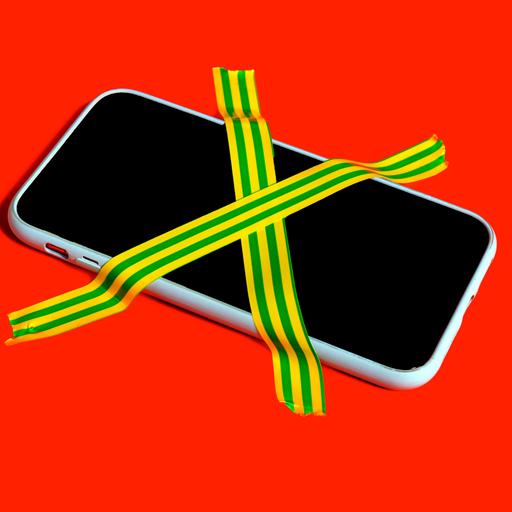 Farbenfrohes Stillleben eines Smartphones mit kreuzweise geklebten Klebebändern als Symbol für digitale Entgiftung und Handyverzicht