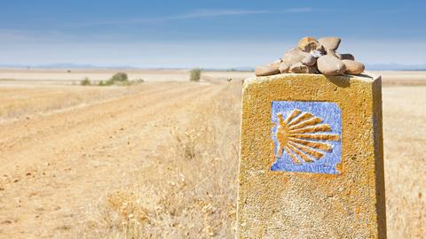 Ein Wegweiser in Spanien trägt das Symbol des Jakobswegs: eine gelbe Muschel auf blauem Grund.