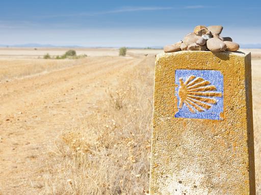Ein Wegweiser in Spanien trägt das Symbol des Jakobswegs: eine gelbe Muschel auf blauem Grund.