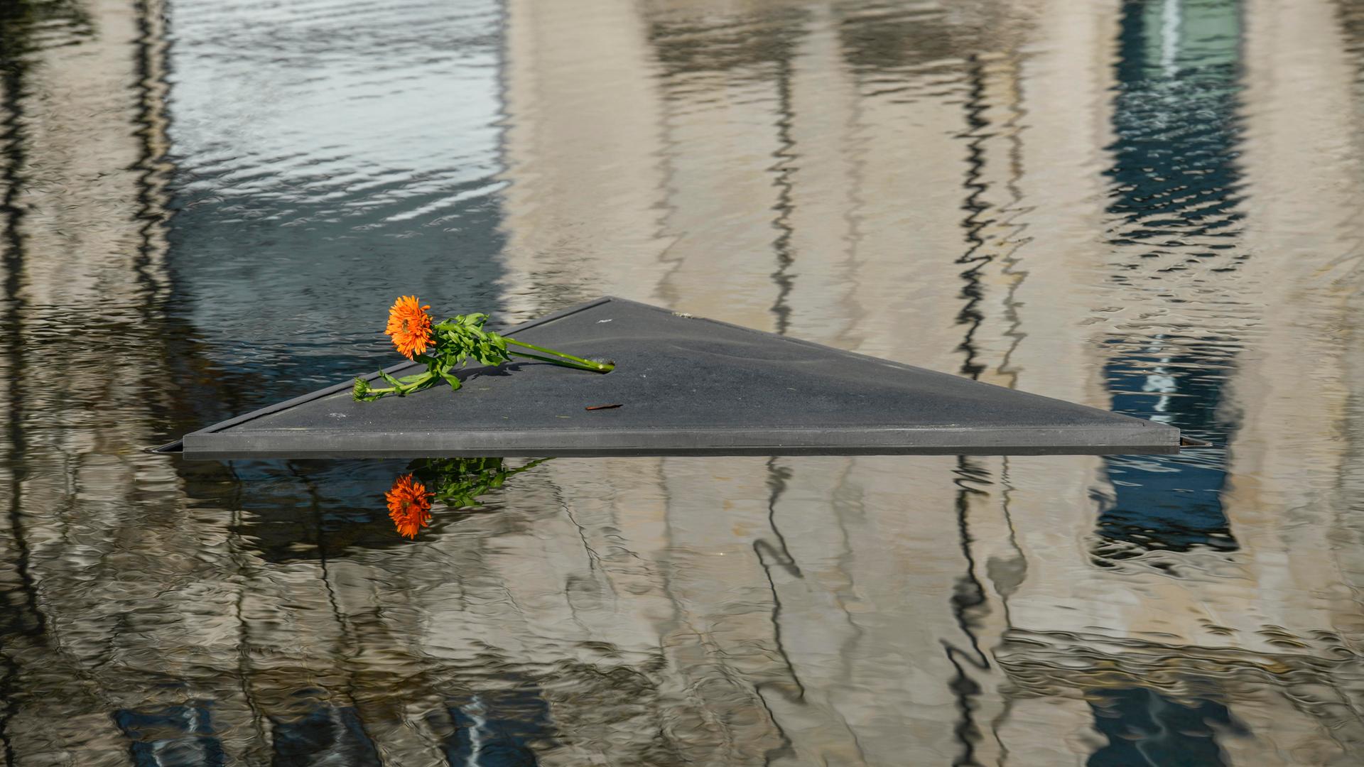 Das Denkmal für die ermordeten Sinti und Roma in Berlin: Auf einem schwarzen Dreieck in einer runden Wasserfläche liegt eine orangefarbene Blume.