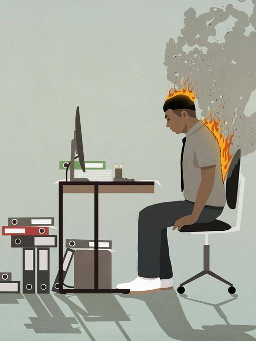 Illustration einer Person vor einem Schreibtisch mit vielen Aktenordnern. Der Rücken der Person brennt.