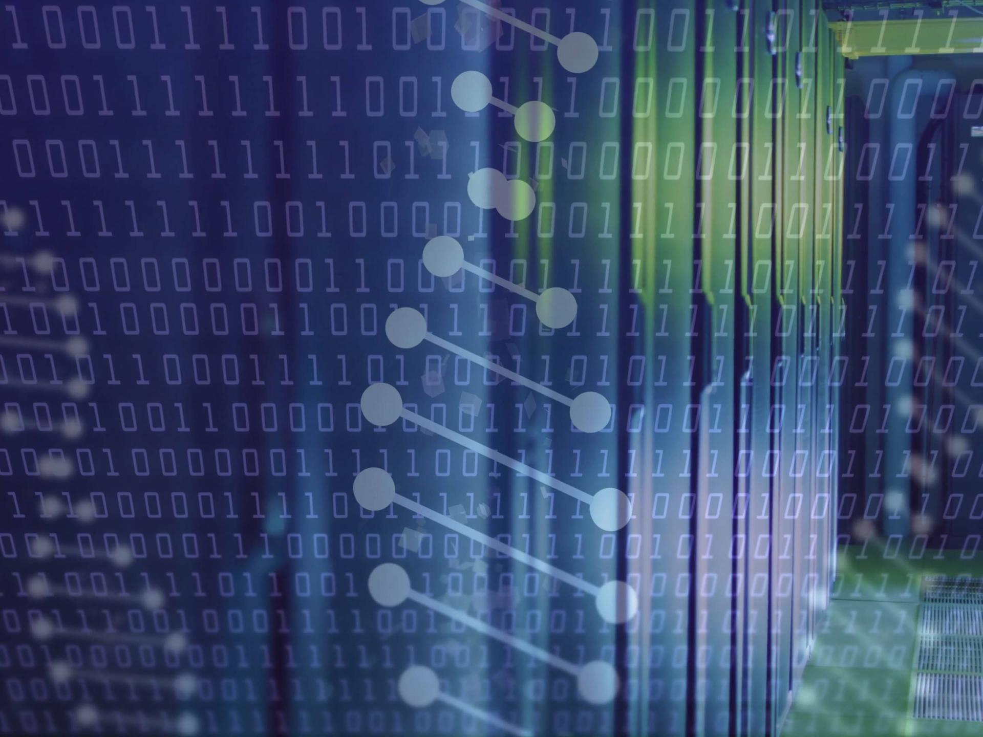 Digital erstelltes Bild von DNA-Strängen und Data Processing.