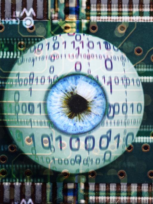 Symbolbild für Künstliche Intelligenz: Ein künstliches Auge mit Binärcode liegt auf einer Computerplatine.