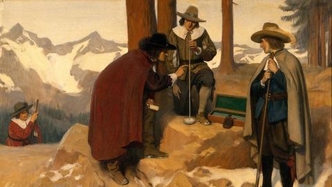 Die Entdeckung des Barometers im Jahr 1643: Torricelli experimentiert in den Alpen, zu sehen auf einem Ölgemälde von Ernest Board