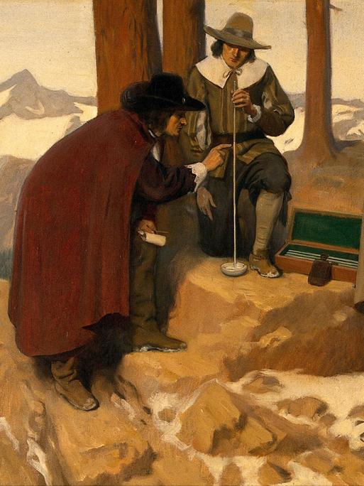 Die Entdeckung des Barometers im Jahr 1643: Torricelli experimentiert in den Alpen, zu sehen auf einem Ölgemälde von Ernest Board