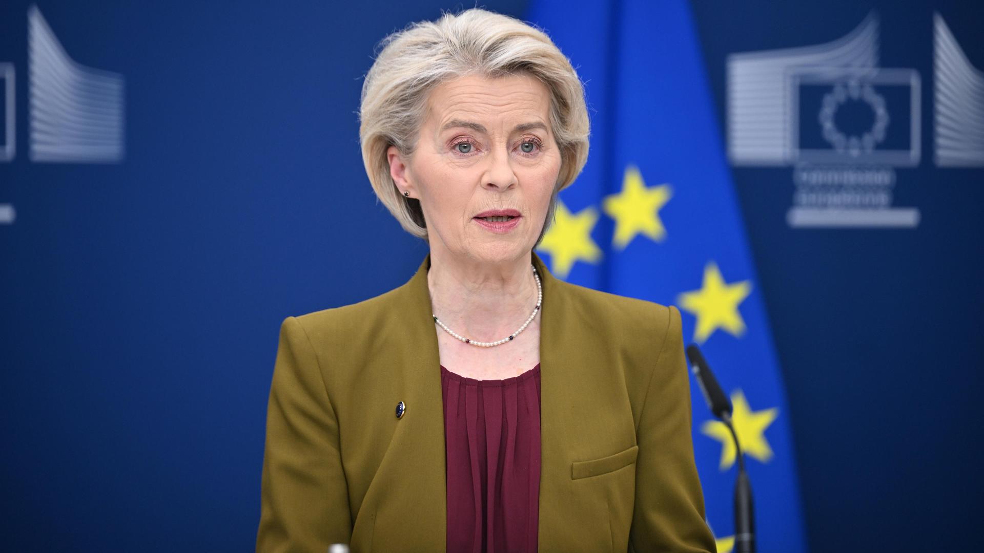 EU-Kommissionspräsidentin von der Leyen steht vor einer verschwommenen EU-Fahne. EU-Kommissionspräsidentin von der Leyen steht vor einer verschwommenen EU-Fahne.