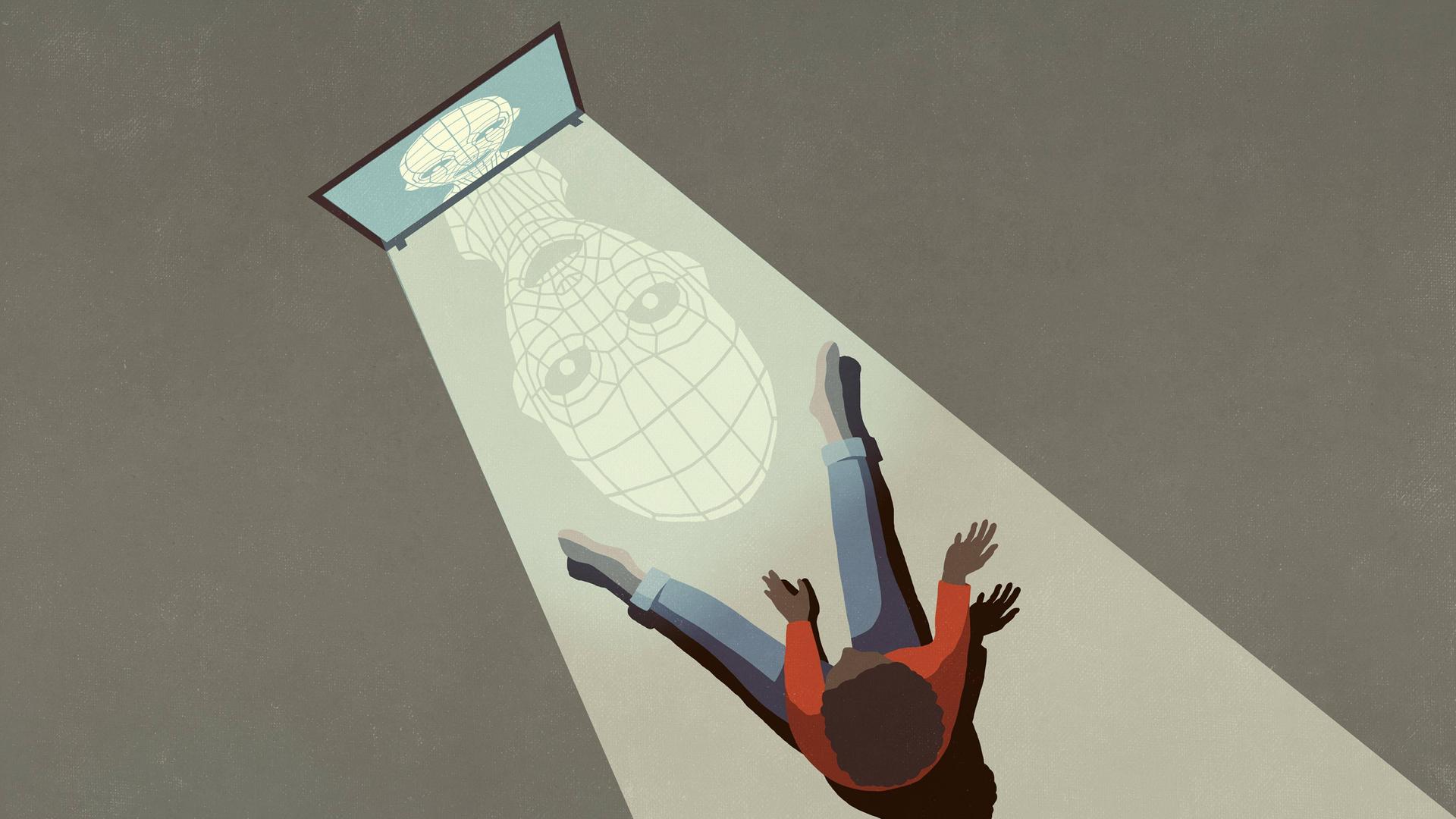 Illustration: Symbolische KI-Figur auf Computerbildschirm wirft Schatten auf einen Jungen, der auf dem Boden davor sitzt.