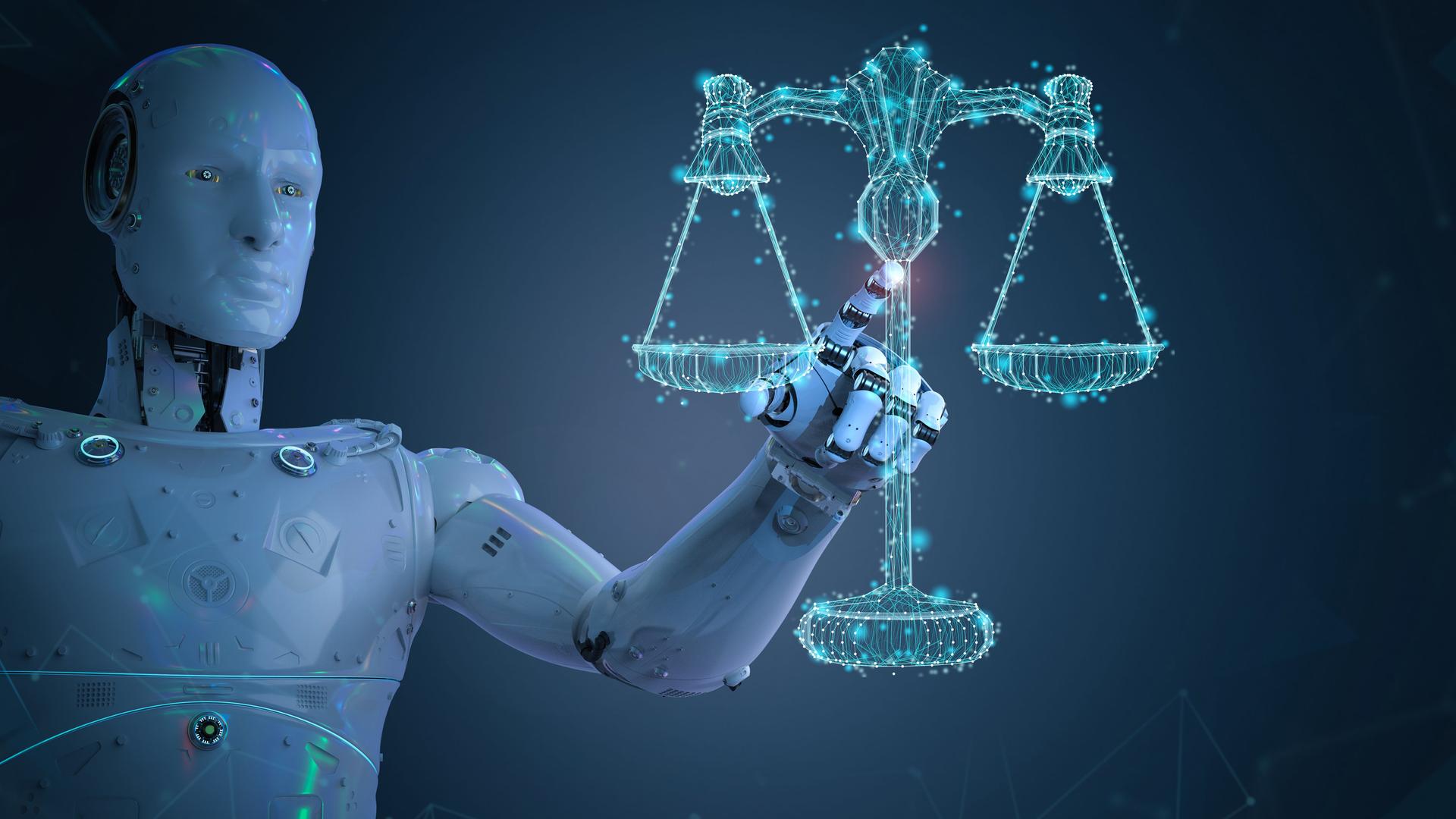 Ein 3D-Rendering zeigt einen Roboter neben einer Waage als Sympol für das Rechtssystem.
