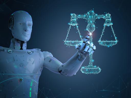 Ein 3D-Rendering zeigt einen Roboter neben einer Waage als Sympol für das Rechtssystem.
