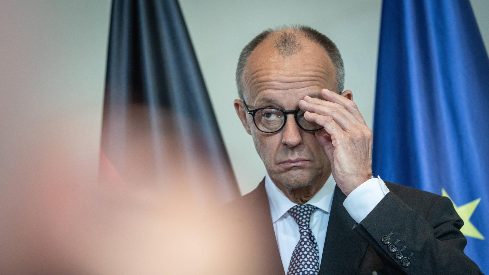 Bundeskanzler Friedrich Merz während einer PK im  Bundeskanzleramt in Berlin.