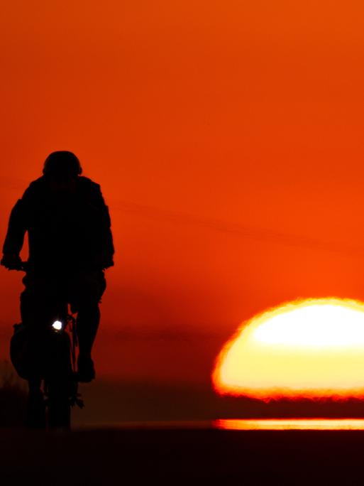 Ein Fahrradfahrer radelt am frühen Morgen bei Sonnenaufgang durch die Felder bei Frankfurt am Main. 