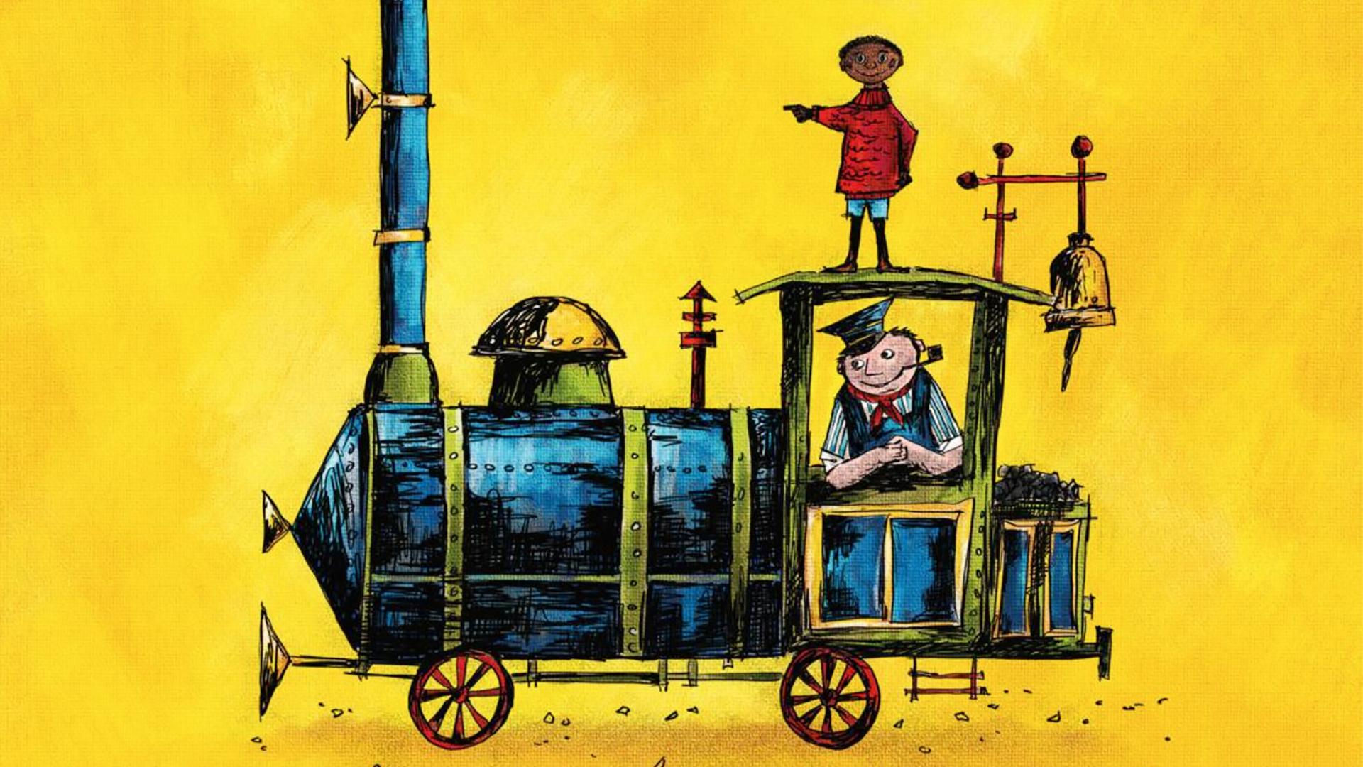 Illustration auf der Rückseite der Neuausgabe des Kinderbuchs "Jim Knopf und Lukas der Lokomotivführer" von Michael Ende 
