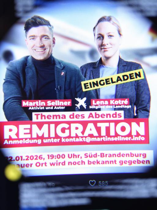 X-Account der Identitären Bewegung Deutschland: Zu sehen ist ein Post mit einer Einladung zu einem Gespräch mit Martin Sellner, Ex-Sprecher der Identitären Bewegung Österreich, mit Lena Kotre, Landtagsabgeordnete der AfD