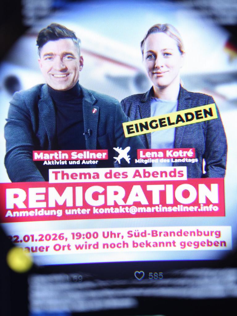 X-Account der Identitären Bewegung Deutschland: Zu sehen ist ein Post mit einer Einladung zu einem Gespräch mit Martin Sellner, Ex-Sprecher der Identitären Bewegung Österreich, mit Lena Kotre, Landtagsabgeordnete der AfD