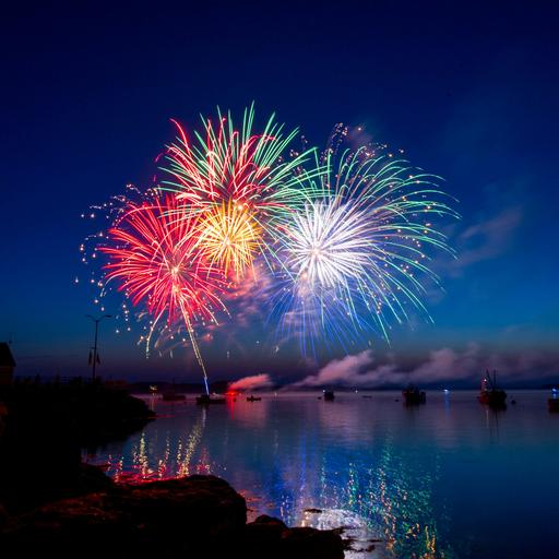 Wir sehen ein buntes Feuerwerk über einem Fluß