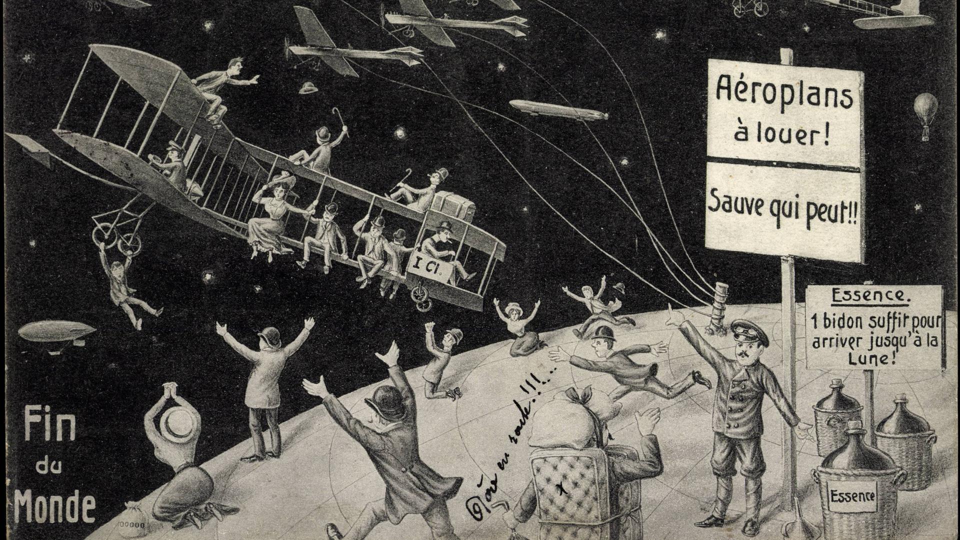 Schwarz-weiß Zeichnung zum Thema Halleyscher Komet. Menschliche Figuren und Fluggeräte taumeln erschrocken auf der Erde
