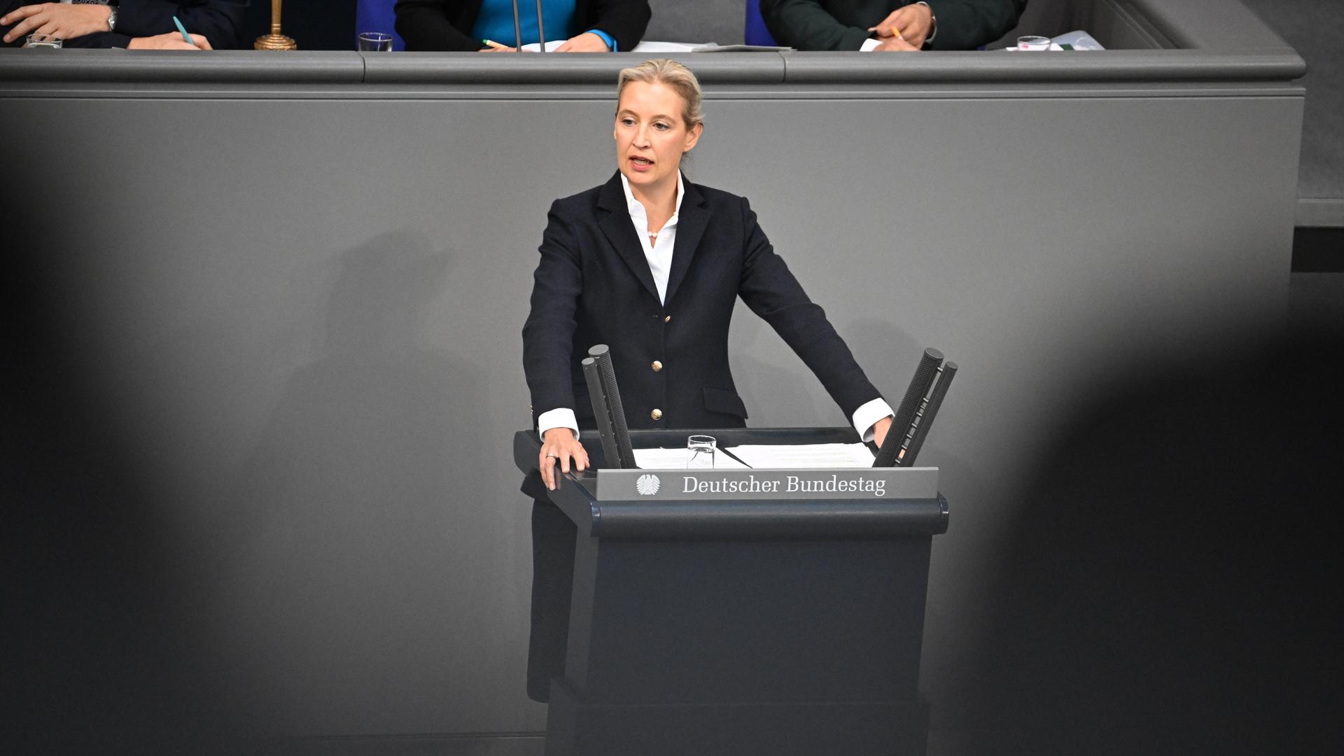 Alice Weidel, Fraktions- und Bundesvorsitzende der AfD, spricht während der Generaldebatte zum Haushalt 2025 im Bundestag. Alice Weidel, Fraktions- und Bundesvorsitzende der AfD, spricht während der Generaldebatte zum Haushalt 2025 im Bundestag.