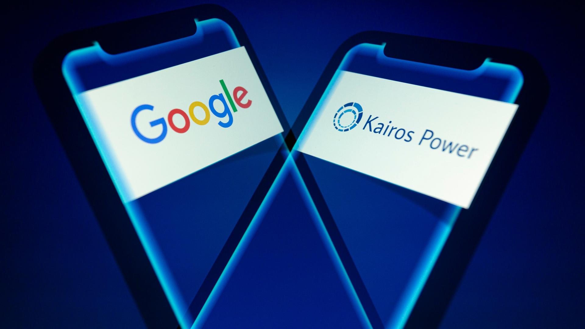 Die Logos von Google and Kairos Power auf angedeuteten Smartphones