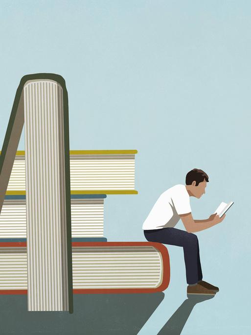 Illustration: Ein Mann sitzt auf einem überdimensionalen Buchrückenn, auf dem noch weitere Bücher gestalpet sind und liest. 