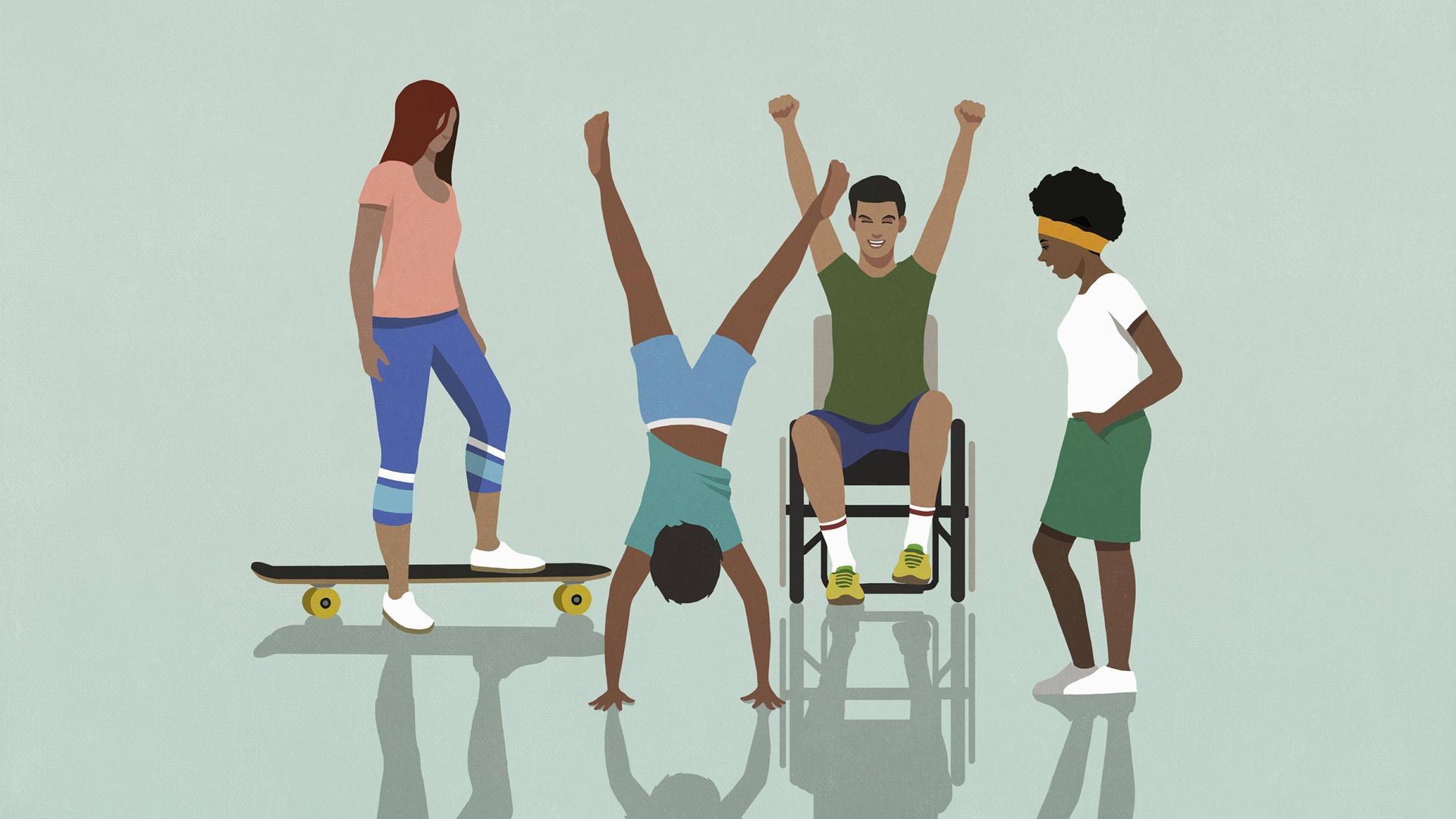 Eine Illustration zeigt eine Vierergruppe junger Menschen, einer von ihnen sitzt im Rollstuhl.