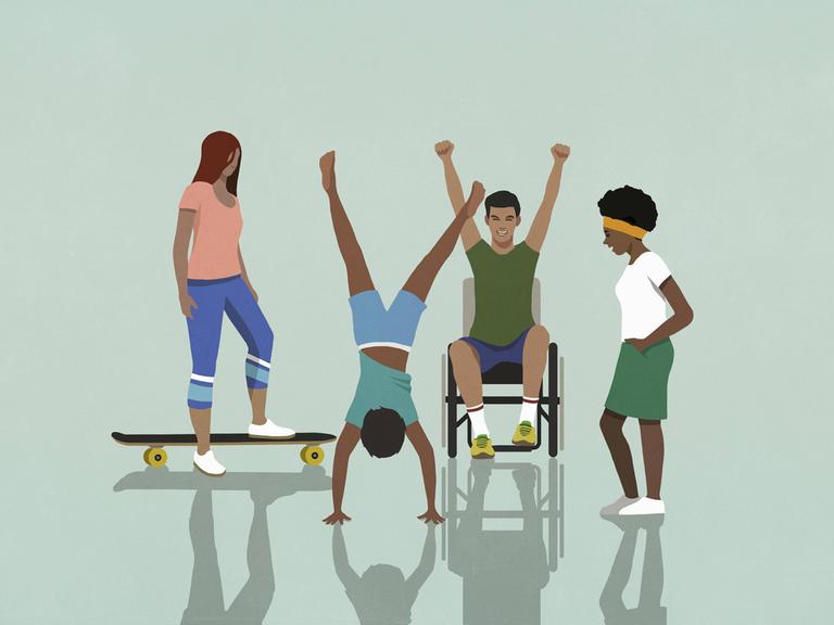 Eine Illustration zeigt eine Vierergruppe junger Menschen, einer von ihnen sitzt im Rollstuhl.