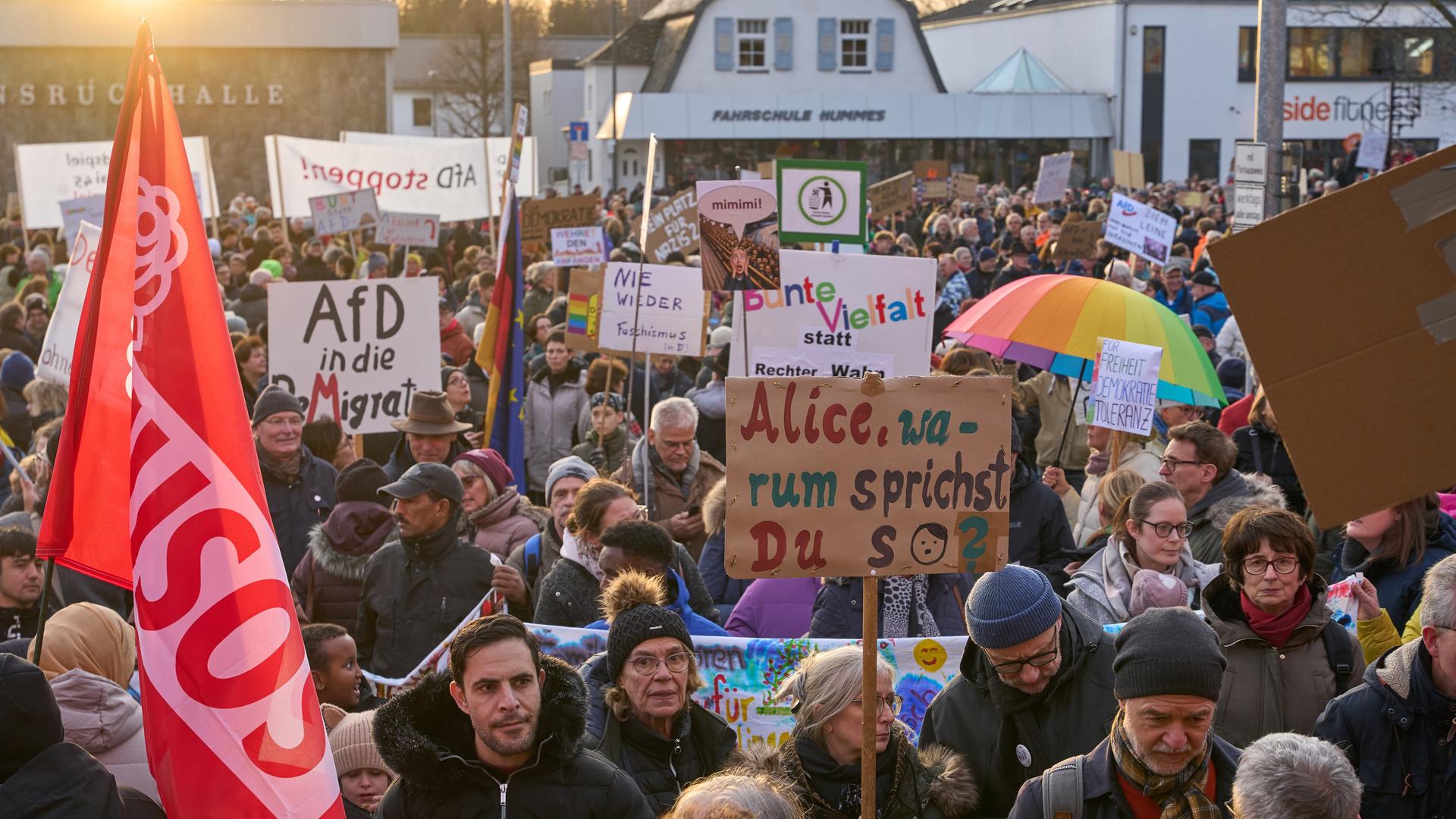 Demo-Teilnehmer halten Plakate und Fahnen hoch. Demo-Teilnehmer halten Plakate und Fahnen hoch.