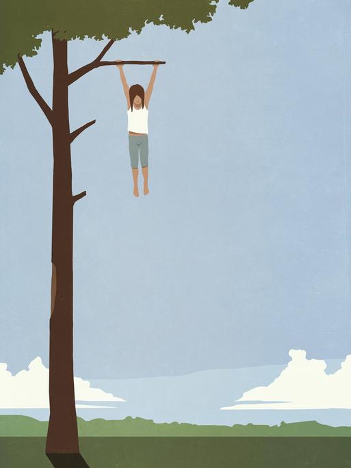 Illustration: Ein Kind hängt hilflos an einem Ast am Baum, den Boden tief unter sich.