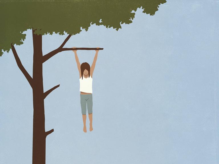 Illustration: Ein Kind hängt hilflos an einem Ast am Baum, den Boden tief unter sich.