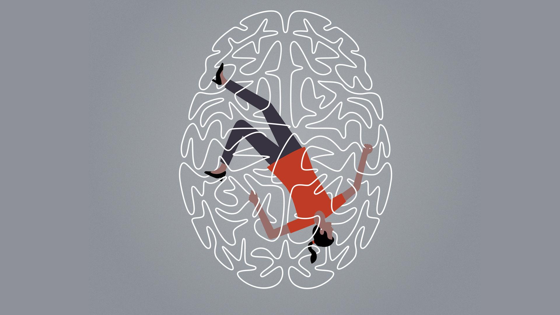 Illustration: Eine junge Frau gefangen in einem verhedderten Gehirn.