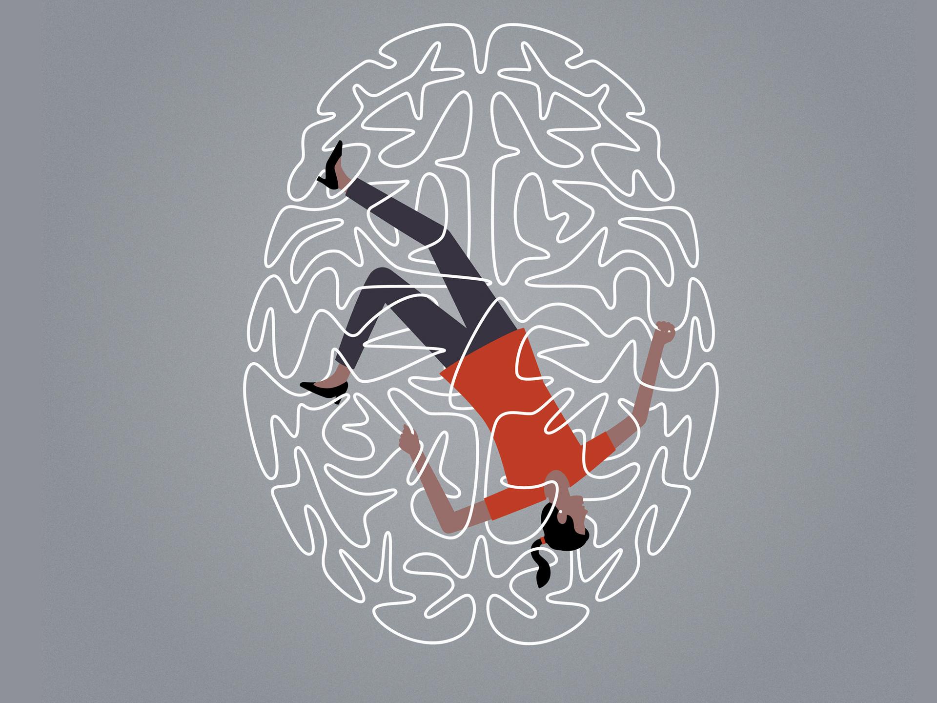 Illustration: Eine junge Frau gefangen in einem verhedderten Gehirn.