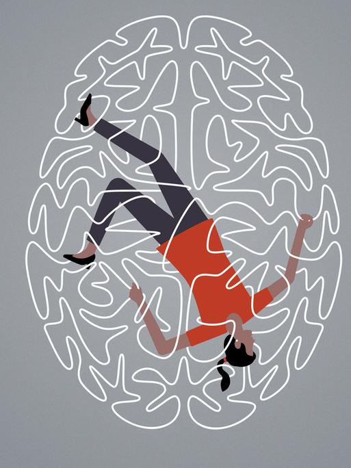 Illustration: Eine junge Frau gefangen in einem verhedderten Gehirn.