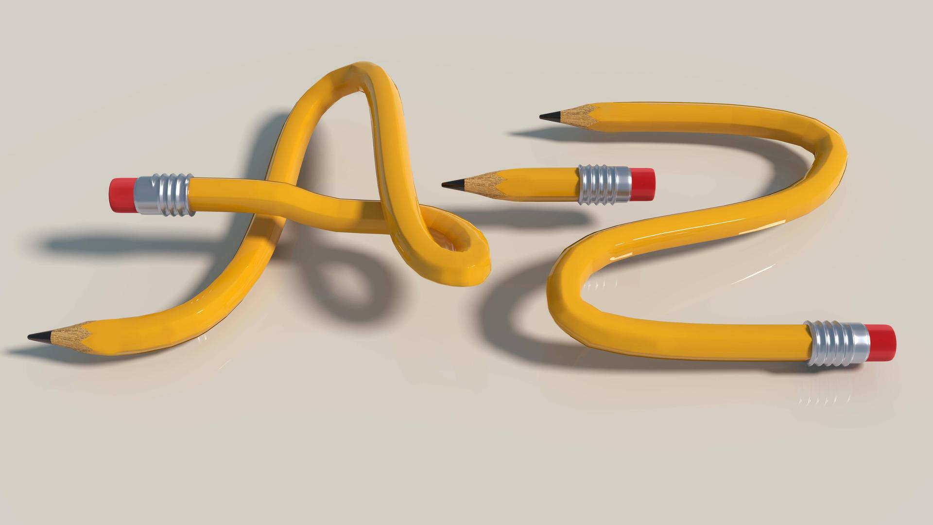 Bleistiftknoten von A bis Z aus drei gelben Bleistiften.