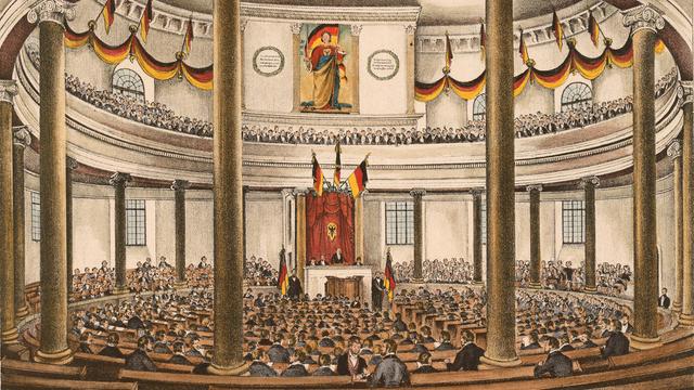 Die Deutsche Nationalversammlung in der Paulskirche in Frankfurt am Main. Eröffnung am 18. Mai 1848 mit Heinrich von Gagern als Präsident. Revolution 1848/49