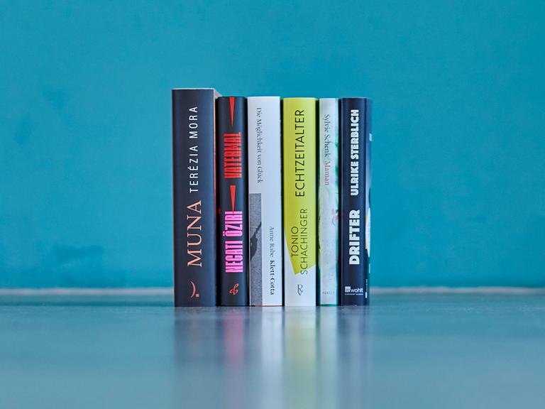 Buchrücken aller Romane, die auf der Shortlist des Deutschen Buchpreises 2023 stehen