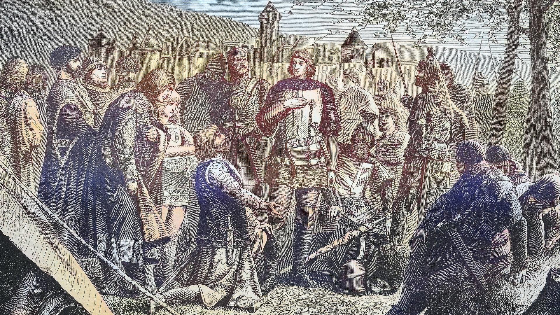 Illustration: Rudolph von Habsburg empfängt die Nachricht von seiner Wahl zum deutschen König, umgeben von Rittern. Illustration: Rudolph von Habsburg empfängt die Nachricht von seiner Wahl zum deutschen König, umgeben von Rittern.